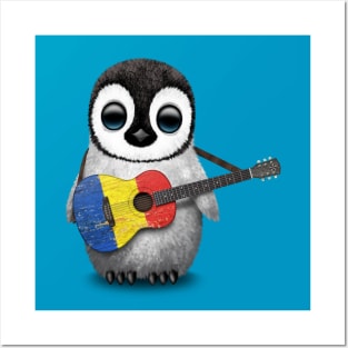 Baby Penguin Playing Romanian Flag Guitar Posters and Art